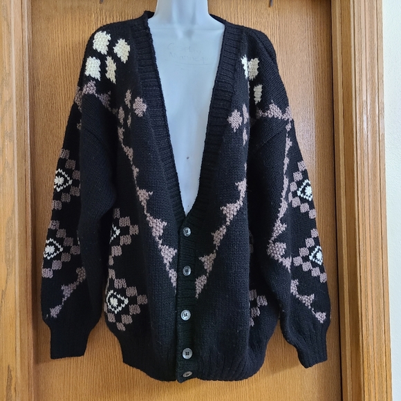 Hand Knit Black Grandpa Sweater Xl 